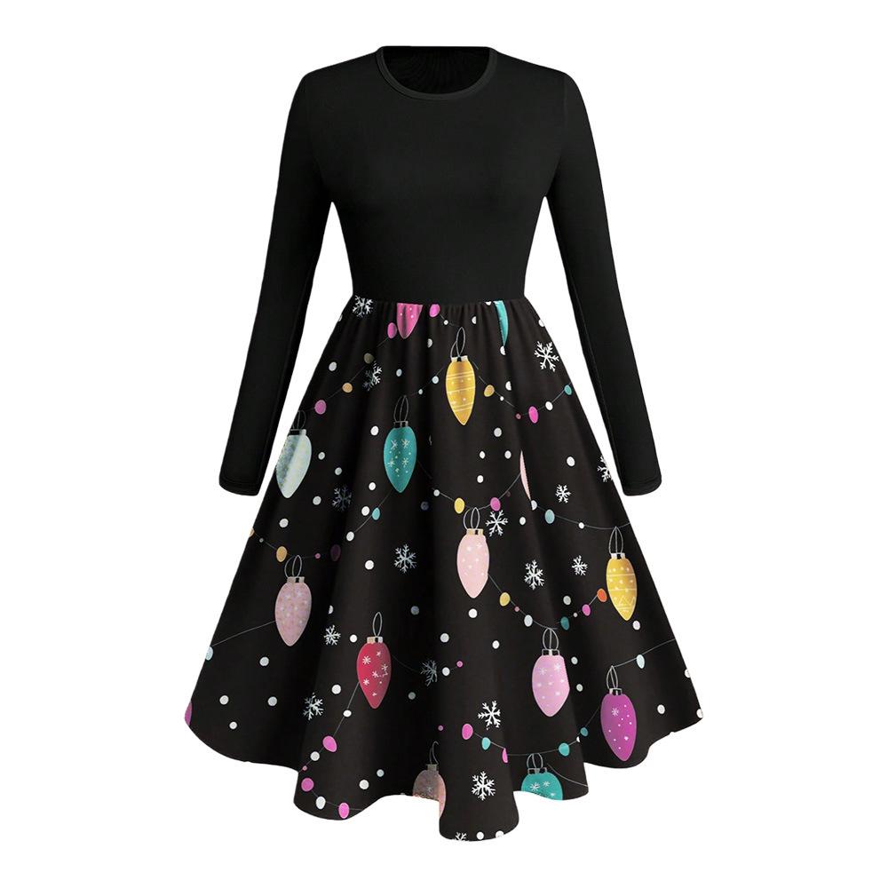 Plus Size Women's Hepburn Style Polka Dot A-line Dress with Round Neck and Long Sleeves