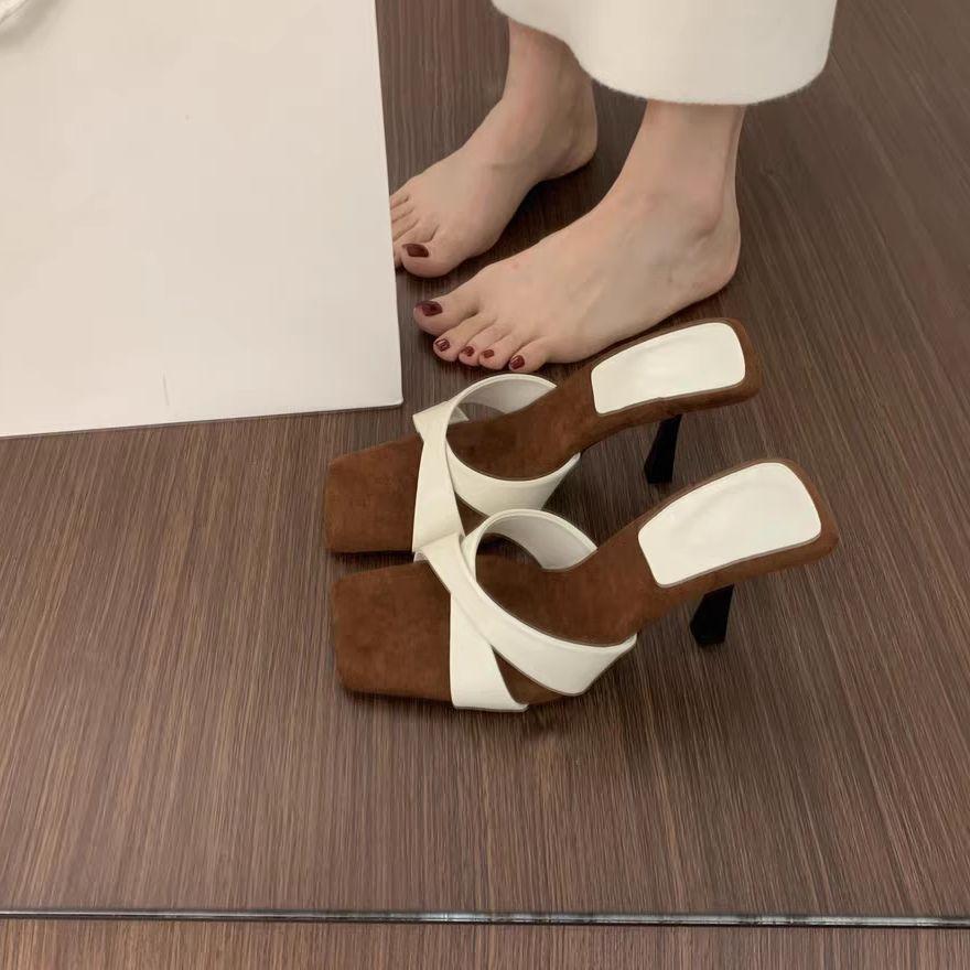 Niche Design Sense Stiletto High Heels Women's 2025 New Retro Square Head Open-toed Sandals French Temperament Cool Slippers