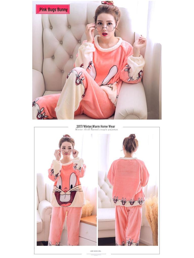 Damska Urocza Zimowa Piżama z Polaru Koralowego - Gruby Aksamitny Flanelowy Zestaw z Długim Rękawem