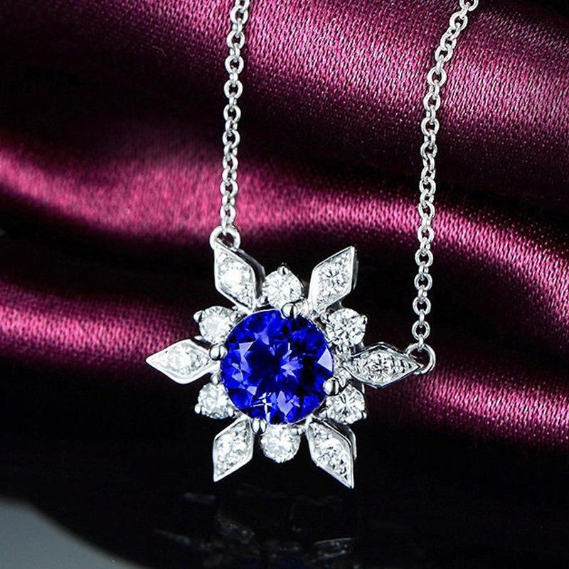 Silver Plated Blue Sunflower CZ Pendant Necklace, Round & Marquise Cut Cable Chain Necklace for Women