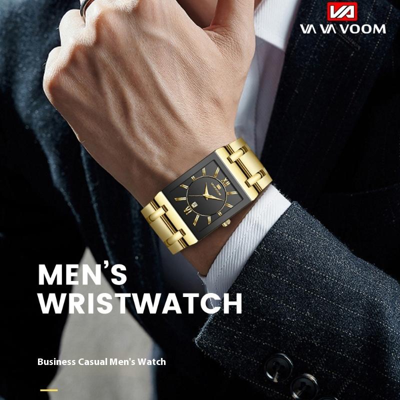 VA VA VOOM Rectangle Stainless Steel Men's Steel Strap Watch Gold Business Calendar Quartz Waterproof Watch Large Dial