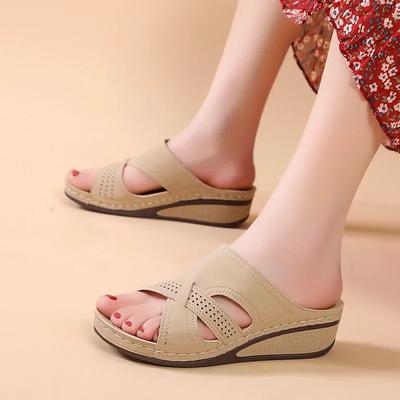 2024 Damen Sommer Keilsandalen Premium Orthopädische Zehensandalen Vintage Anti-Rutsch Leder Lässige Damen Plateau Retro Schuhe