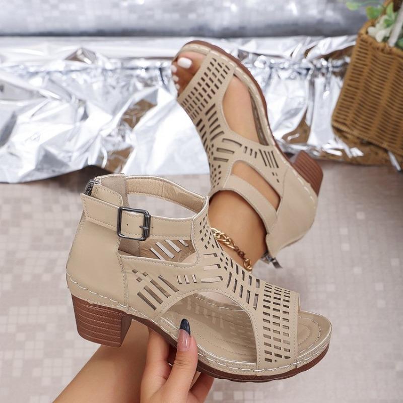 Large size thick heel sandals women's summer new TEUM word belt hollow sandals women