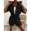 Cotton and Linen Fashion Set, Solid-color Pocket Patch Off-the-shoulder Shirt and Shorts, Solid-color Short-sleeved Shirt