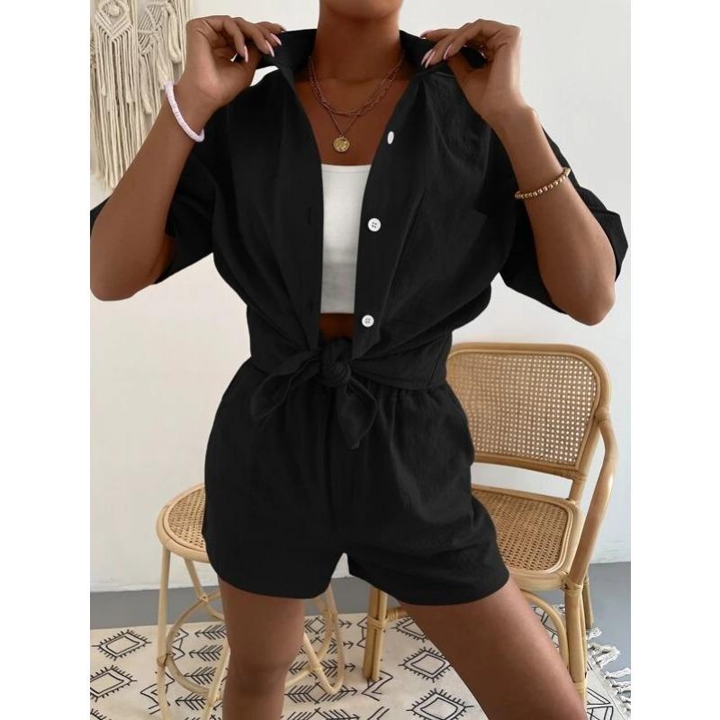 Cotton and Linen Fashion Set, Solid-color Pocket Patch Off-the-shoulder Shirt and Shorts, Solid-color Short-sleeved Shirt