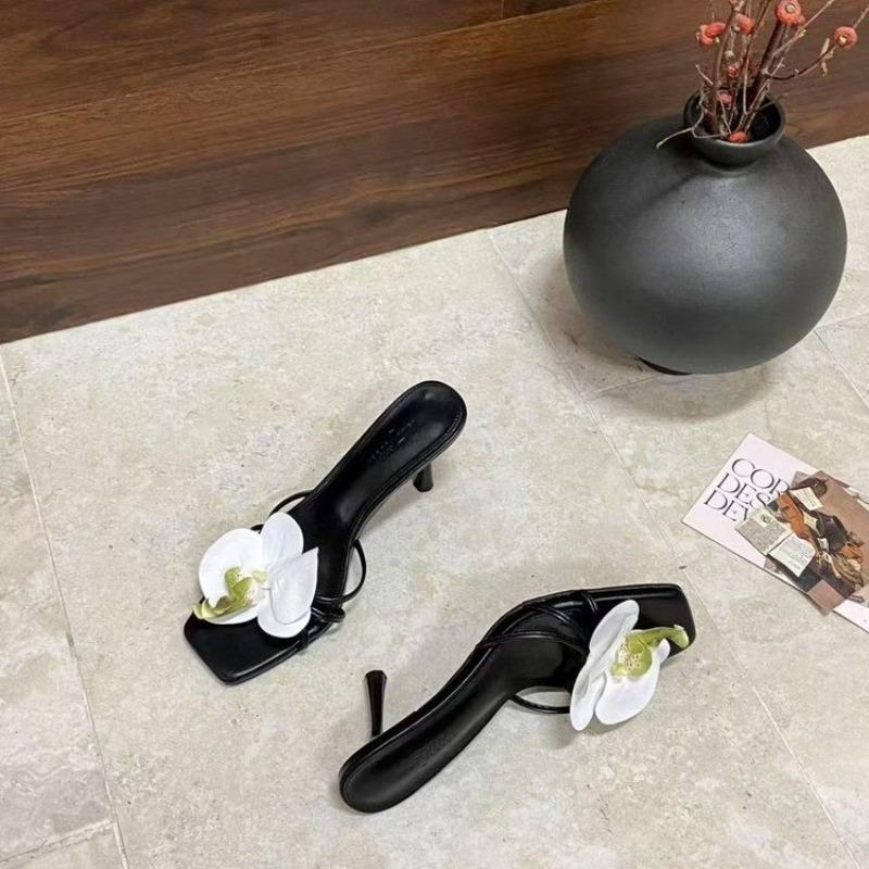 Pink Fashion Flower Women Thin Heels Sandals Slides Shoes Female Square Toe Footwear Ladies High Heels Sandals Shoes Pumps