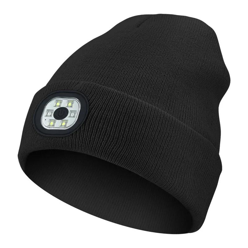 LED lue lue med lys unisex varm vinterlue USB oppladbar hodelykthette vinterstrikket nattbelyst lue lommelykt