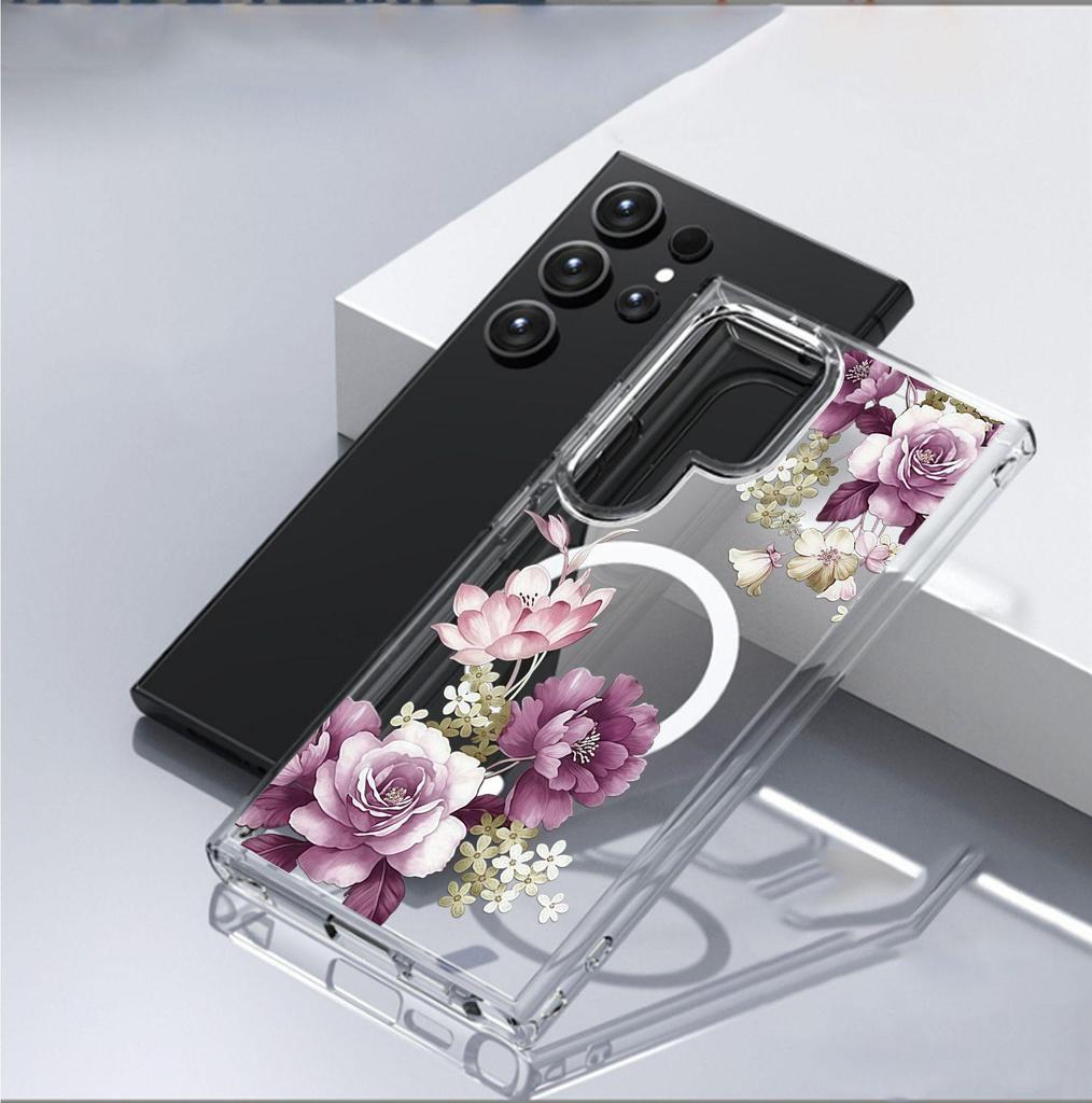 Purple Flower Magnetic Case for iPhone 15/16/17 Pro Max - Transparent Full Coverage