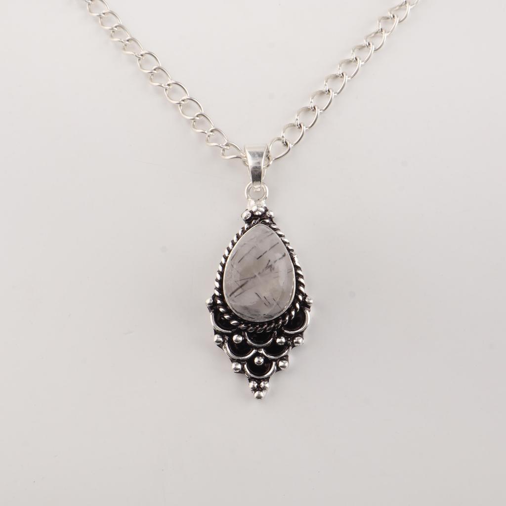 Black Rutile Gemstone 925 Sterling Silver Jewelry Designer Pendant 1.5" For Birthday Gift PP-70-32