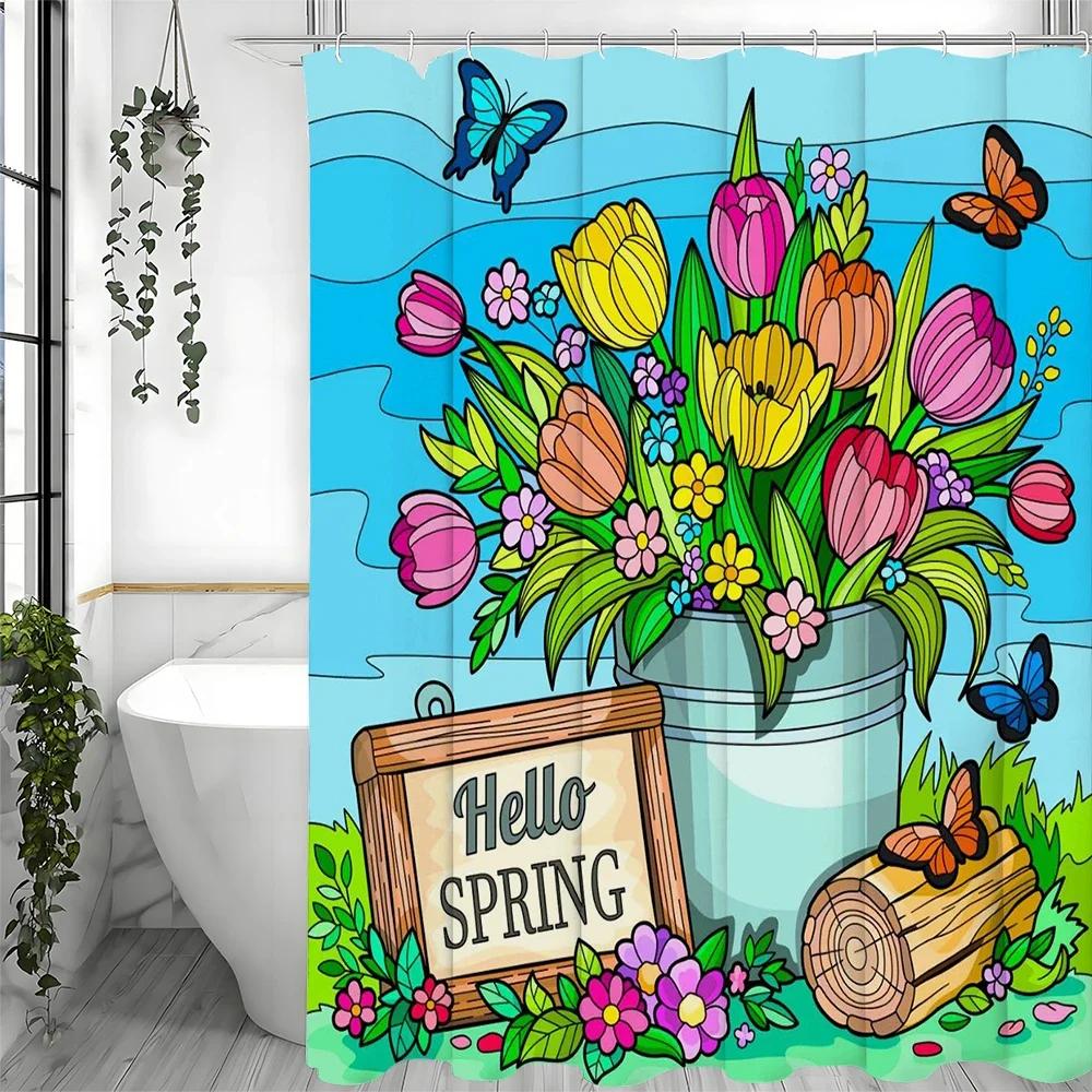 Spring Flower Butterfly Shower Curtain, Bathroom Decorative Shower Curtain, Waterproof Shower Curtain with Hooks