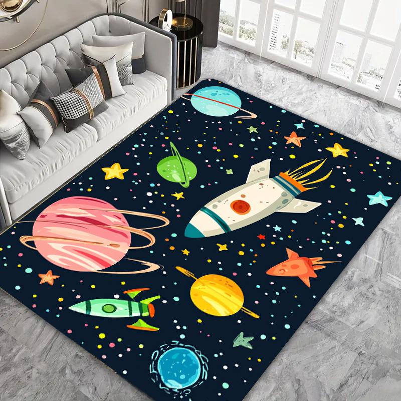 Cartoon Space & Rocket Print Area Rug, Non-Slip Play Mat for Kids Bedroom, Playroom, Nursing & Home Decor