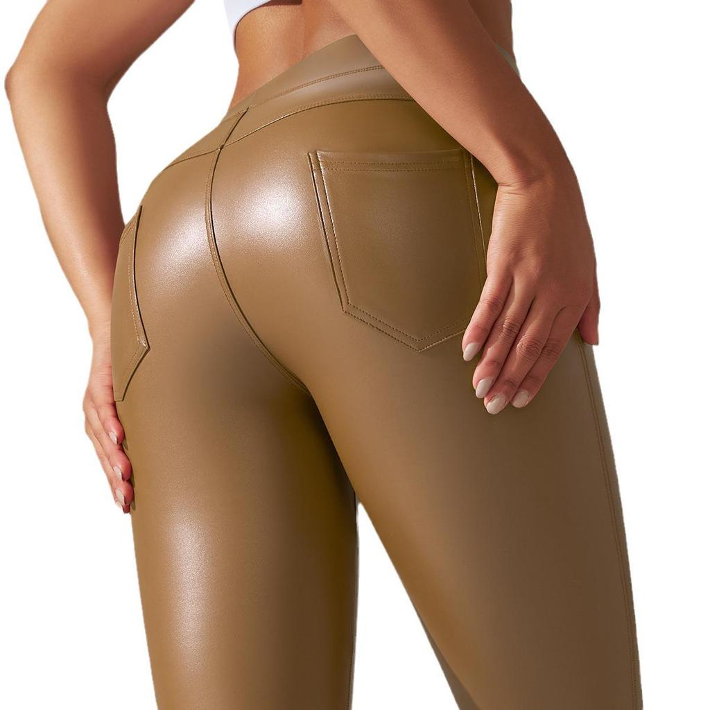 European and American High Waist PU Leather Yoga Pants - Abdomen Control, Body Shaping, Hip Lifting, Nine-Point Length