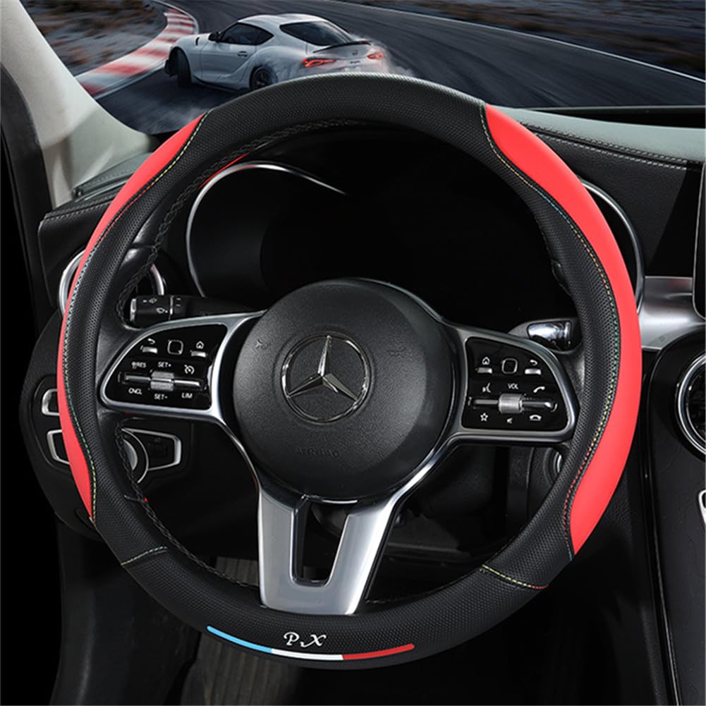 AUSTYLCO Leather Steering Wheel Cover for Kei Protective Cover with Excellent and Red Cars, Grip, Durable, Breathable, Non-Slip, 38cm, All-Season,