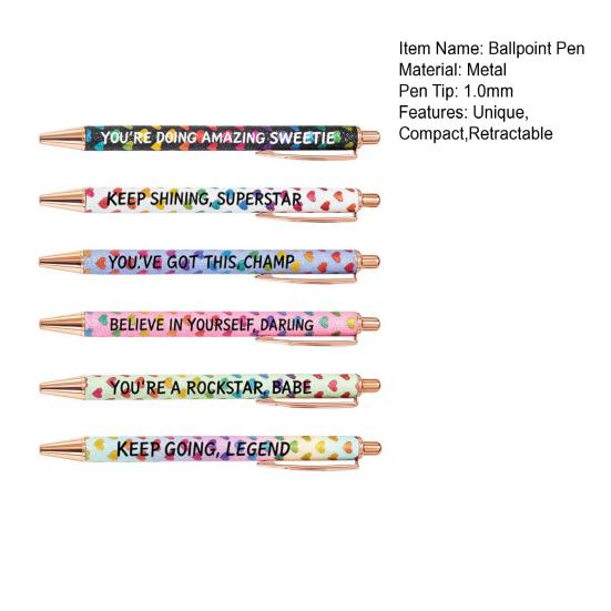 6Pcs Ballpoint Pen Retractable Heart Pattern Metal Click Pen with 1.0mm Fine Tip Smooth Writing Black Ink Pen for Teens Adults