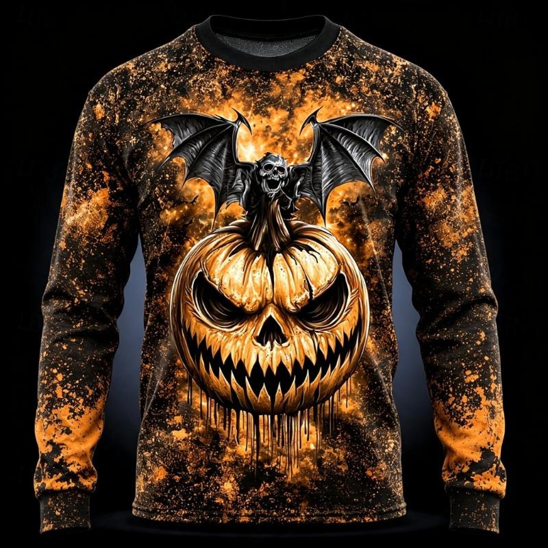 Men's Halloween Long Sleeve T‑Shirt All‑Over Print Pumpkin Skeleton Chain Bat Witch Cat Graphic Crew Neck Casual Party Tops