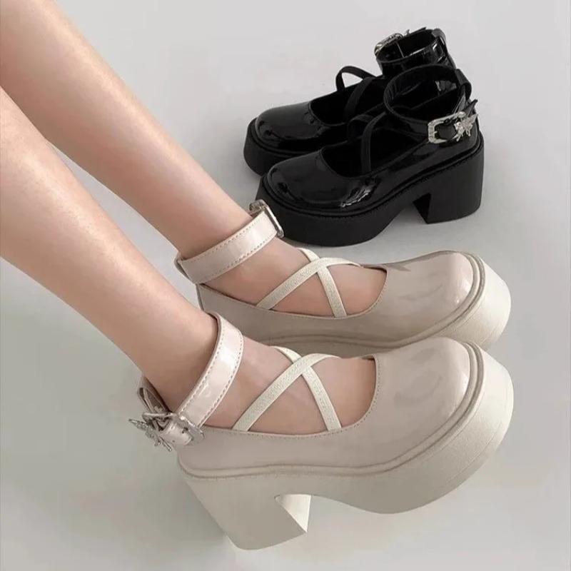 Chunky Platform High Heels Pumps Women 2025 Autumn Pu Leather Ankle Buckle Shoes Woman Thick Heeled White Lolita Shoes