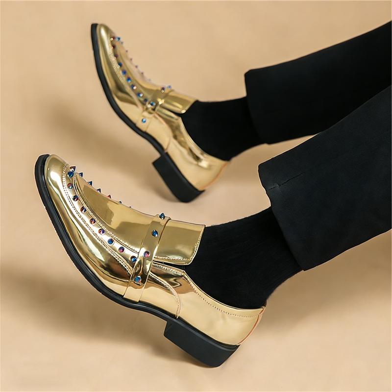 Britain Fashion New Mens Pointed Gold Rivet Casual Dress Homecoming Shoes Male Hip-hop Rock Punk Loafers Formal Wedding Footwear