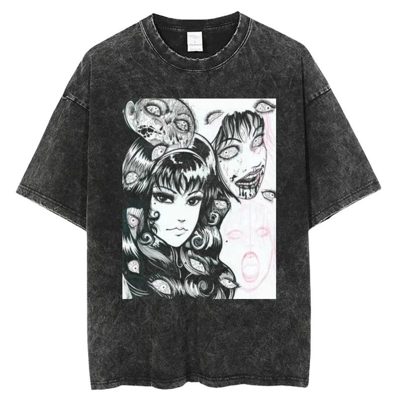 

Junji Ito Tomie Face Split Vintage Washed Oversized T-Shirt | Unisex Horror Manga Streetwear Tee XL