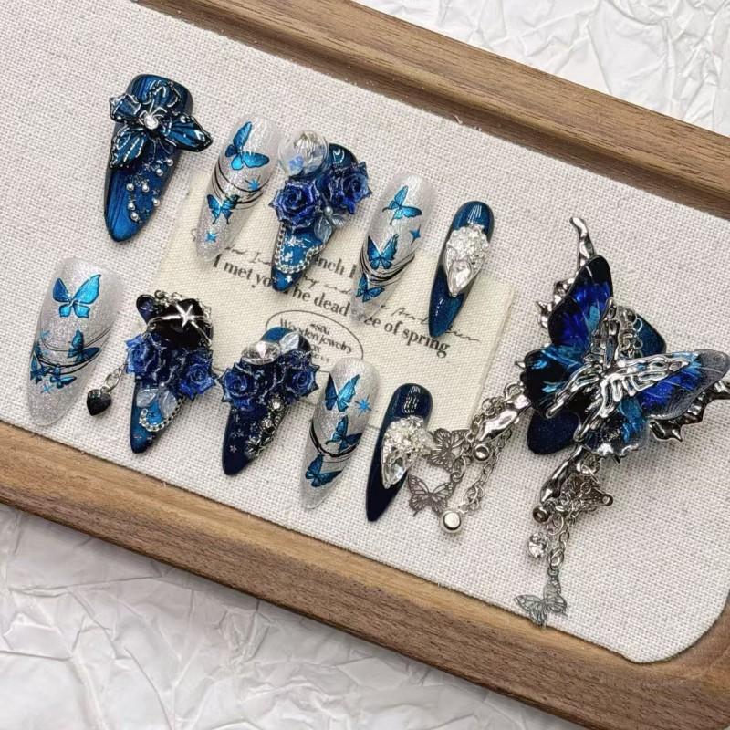 Handmade 11-Piece Blue 3D Butterfly Press-On Nails Medium Length Women Girls Sweet Chic Style Large