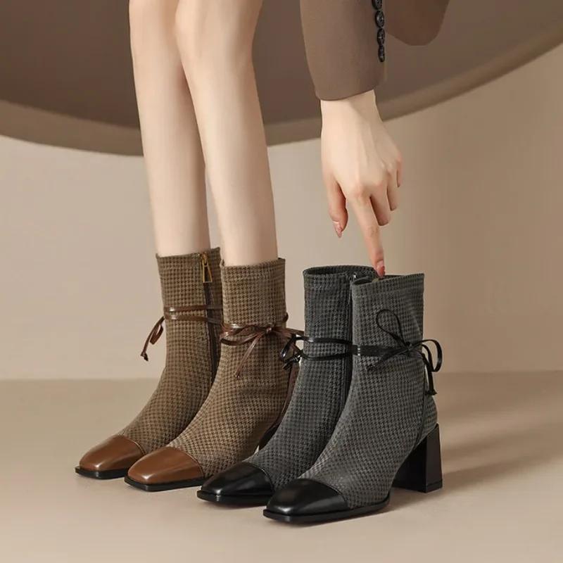 Móda 2024 Nové síťované dámské boty Špičaté kotníkové boty pro ženy Zimní zip Kancelářské podpatky Módní mašle Šněrovací Párty Dámské boty