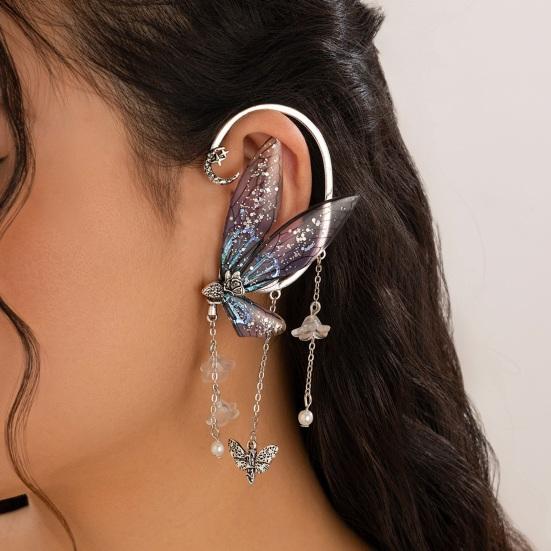 1 pièce de manchette d'oreille pour femme en forme de papillon, pompon à paillettes, fleur, lune, décoration d'oreille suspendue, style fée de la forêt, antidérapant, électroplaqué, pour cosplay, fête