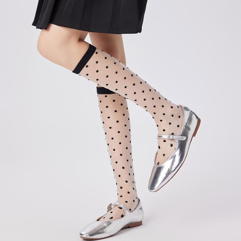 Crystal Silk Socks Women Stockings Summer Ultra-thin Transparent Knee Socks Polka Dot JK Girls Black White Long Socks Stockings