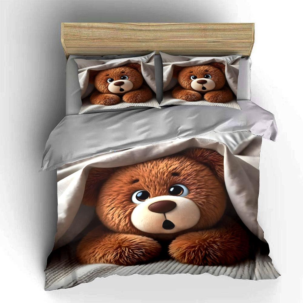 Plüsch-Teddybär unter weicher Decke Bedrucktes Bettwäsche-Set 1 Bettbezug + 2 Kissenbezüge verschiedene Größen Schlafzimmer Bettwäsche Dekor