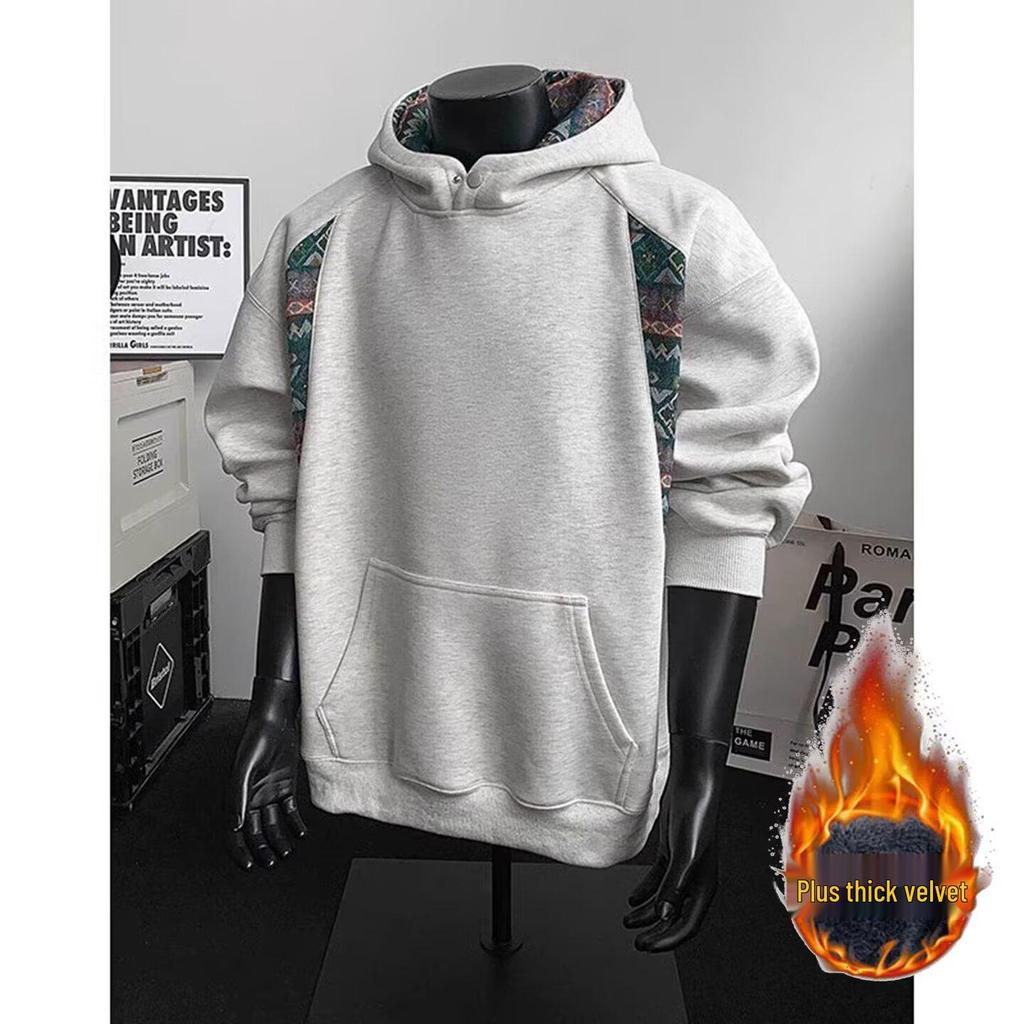 Men's Autumn Patchwork Hoodie: Chinese Ethnic Style, High Collar, Long Sleeve