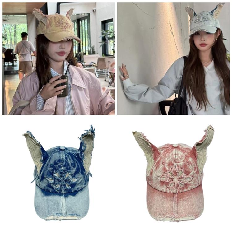 Distressed Dog Ear Casquettes Hat 2000S Cool Baseball Hat Breathable Sun Hat Long Brims Hiphop Dancing Hat for Adult Teens