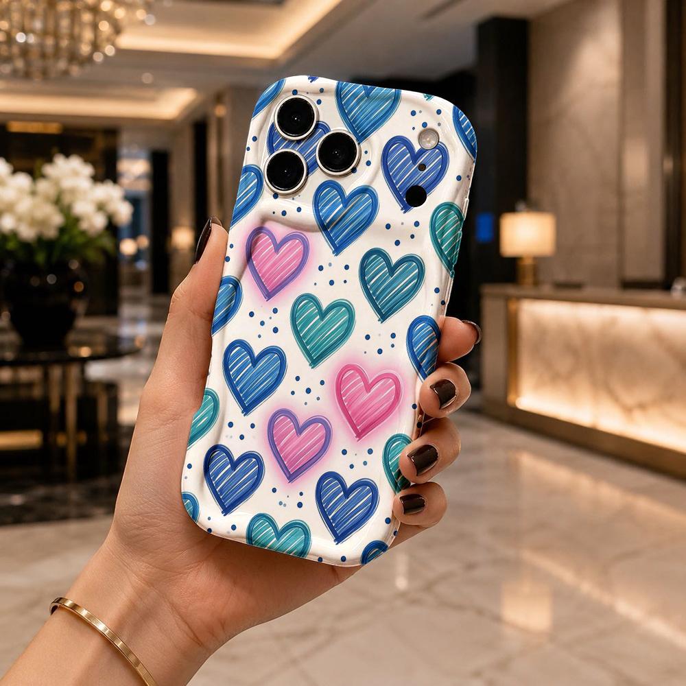 Wavy Edge Phone Case For iPhone 16 15 14 Pro Max 13 12 Mini 11 XR XS SE Sketch Striped Heart Pattern Cover