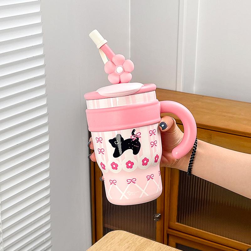 

Тамблер 25 унций с ручкой и крышкой-поилкой, герметичная дорожная кофейная кружка, изолированная чашка из нержавеющей стали для напитков, не содержит БФА 601-700ml розовый