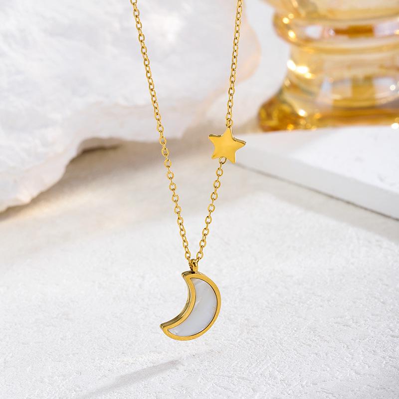 Moon and Star White Shell Necklace for Women - New Titanium Steel Luxury Clavicle Chain, Simple, No Fading
