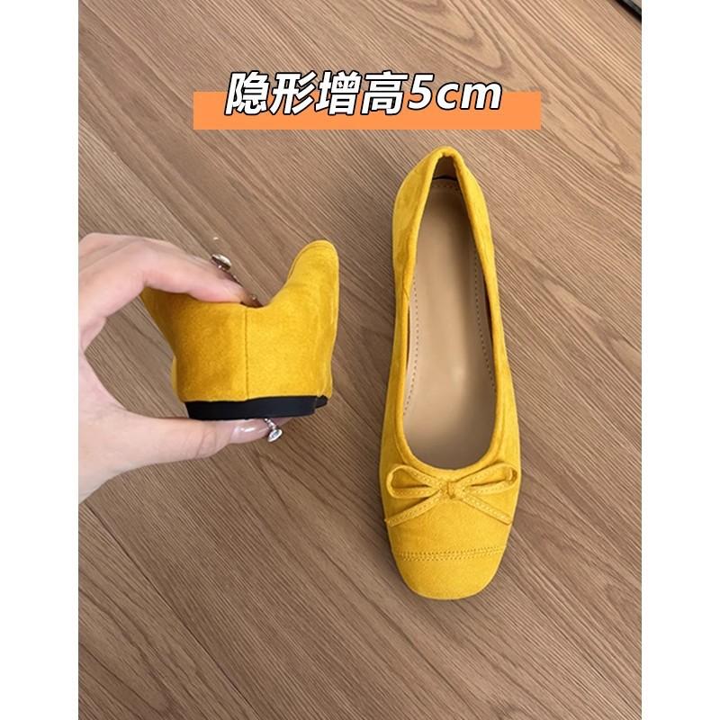 Sheepskin Version~ Genuine Leather Spring New Inner Height Increase Ballet Shoes Women's Gentle Bow Shallow Mouth Single Shoes Doudou Shoes