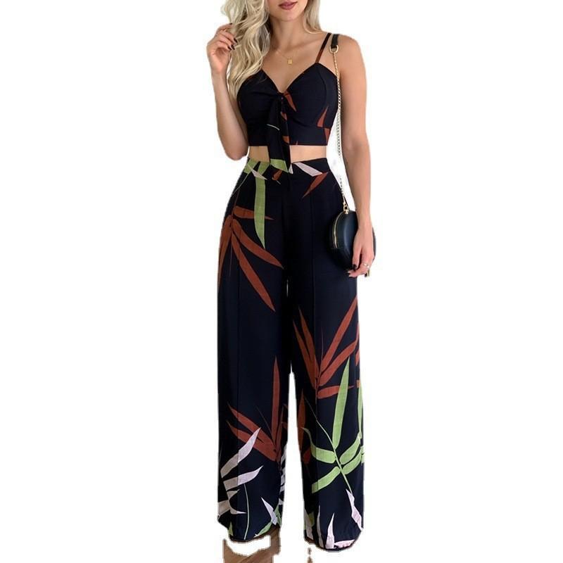Summer Women's Faux Hemp Casual Suit V-Neck Short Vest High Waist Printed Wide Leg Pants Suit