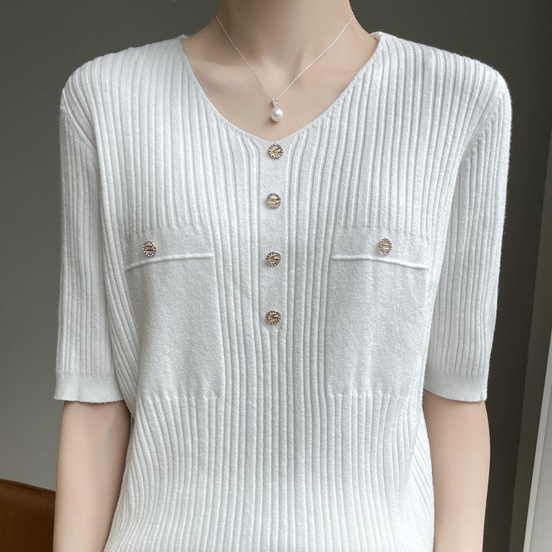 

V-neck Fake Pocket Hair Five-quarter Sleeve Knitted T-shirt Women s Summer Loose Versatile Pullover S