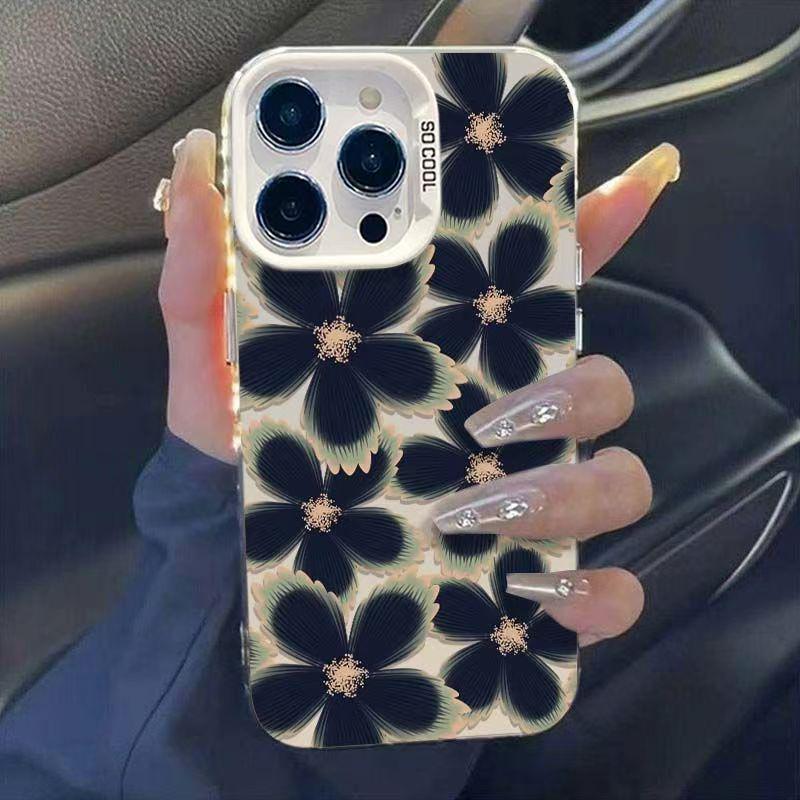 Personalized Black Floral Silver Case for Apple 15 Pro/16/17 and 12/13/14 Pro Max Cases