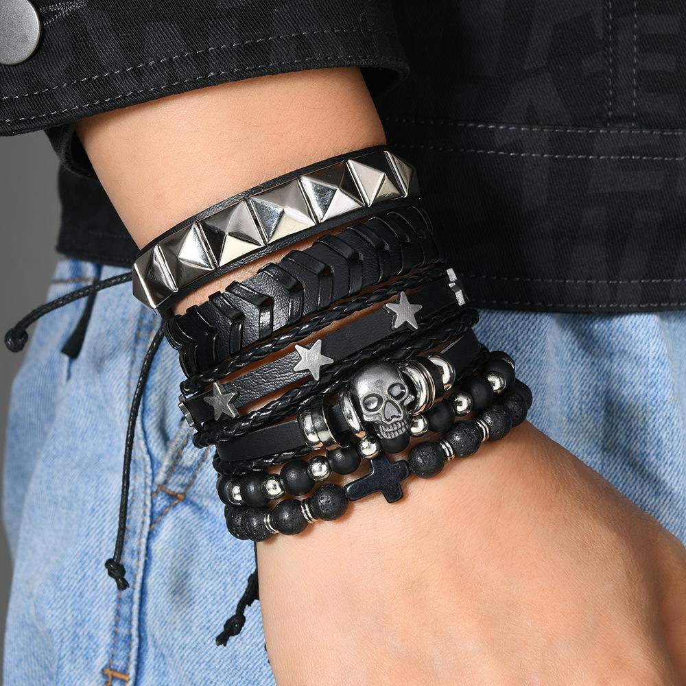 5 Piece Vintage Hip Hop Skull Leather Bracelet for Men's Gothic Punk Teenage Street Jewellery Accessories Man Handmade Bracelet
