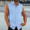 Men Summer Top Sleeveless Solid Color Single-breasted Patch Pockets Mid Length Match Pants Cardigan Lapel Men Summer Vest Men Clothes