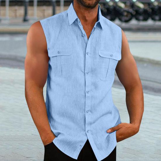 Men Summer Top Sleeveless Solid Color Single-breasted Patch Pockets Mid Length Match Pants Cardigan Lapel Men Summer Vest Men Clothes