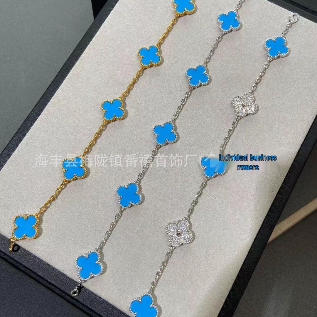 New Clover Limited Edition Turquoise & Light Blue Flower Bracelet - Double-Sided, Luxury & Versatile Jewelry Turquoise Bracelet Rose Gold