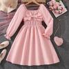 Children's 2025 Autumn French Square Neck Long Sleeve Dress with Waist-Cinching and Large Hem for Big Kids.