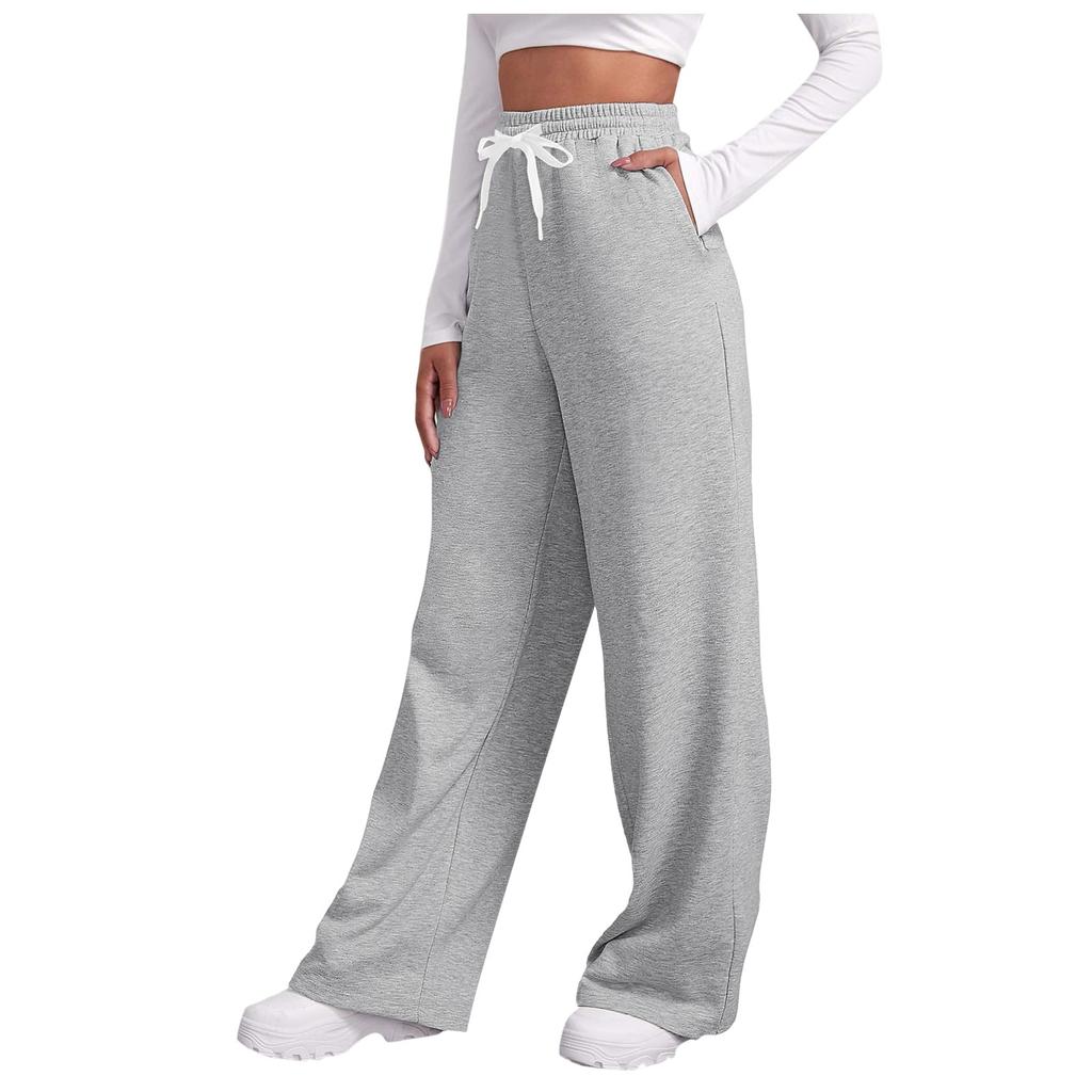 Damen Elastische Taille Hose mit Seitentaschen Fleecegefüttert Dicke Weite Beine Jogginghose Einfarbige Gerade geschnitten