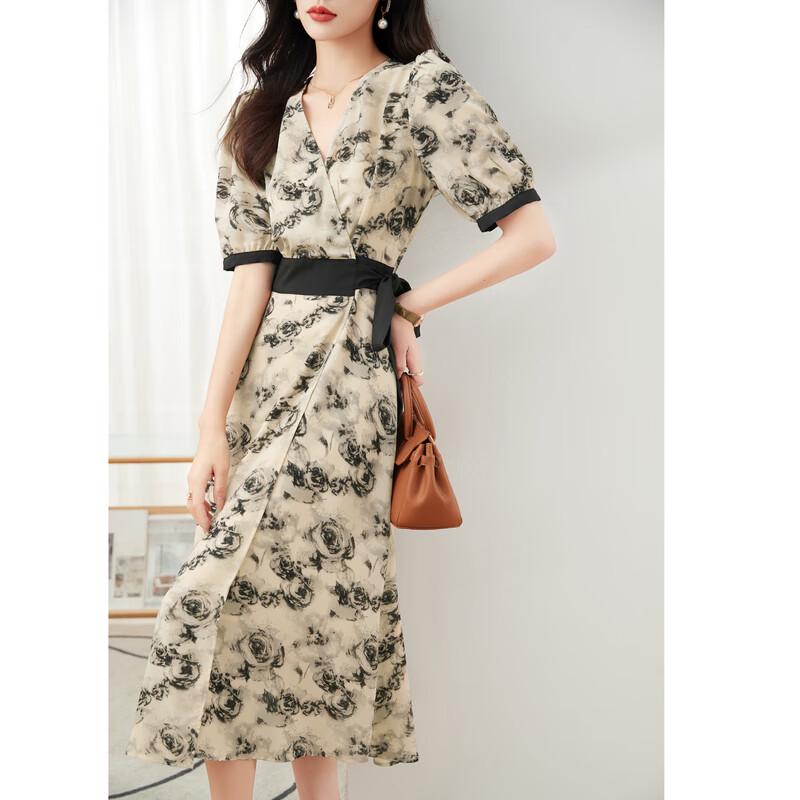 Iveni Tied Rose Print V-Neck Chiffon Dress