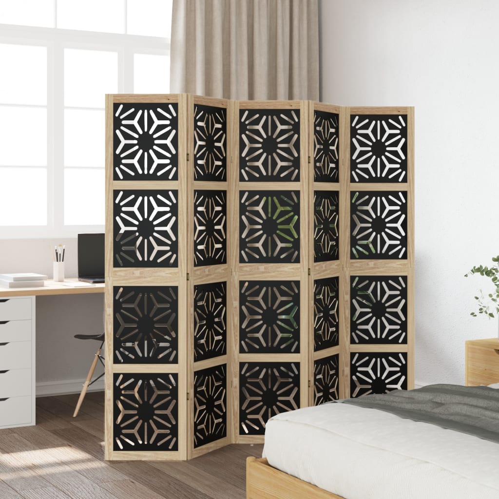 5 Piece Room Divider In Brown and Black Solid Paulownia Wood