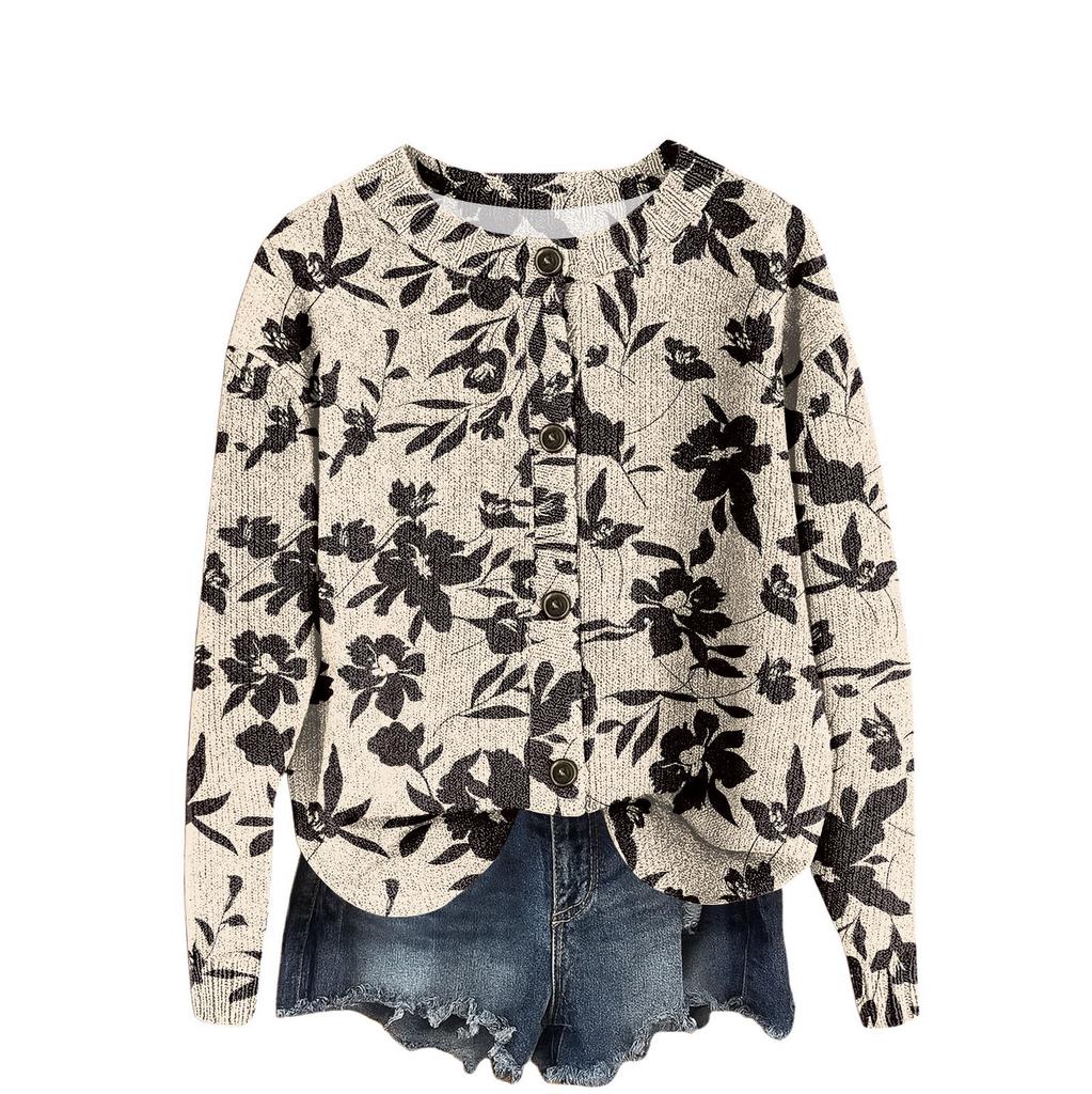 Women's Vintage Knit Button Vintage Floral Stripe Print Cardigan Jacket
