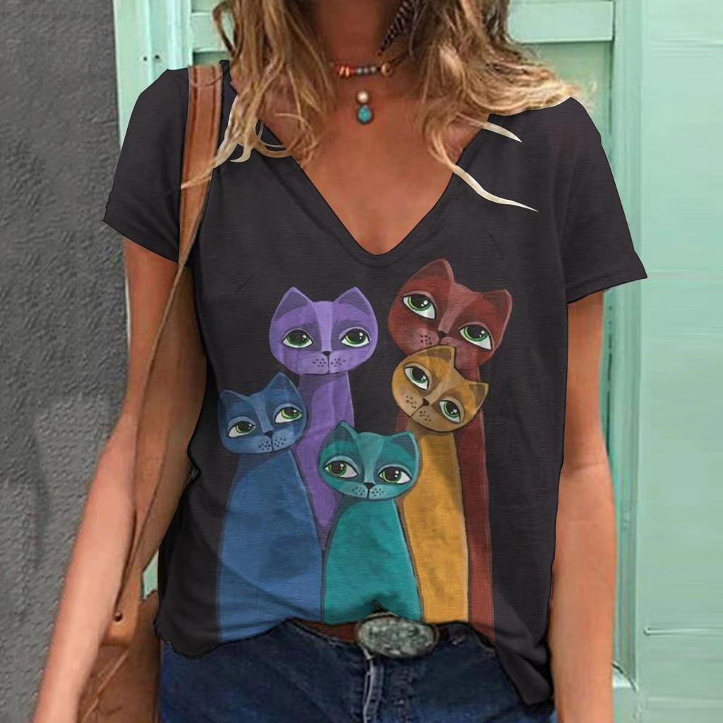 Summer Cat 3D Printed V-neck Short Sleeved  Women's T-shirts