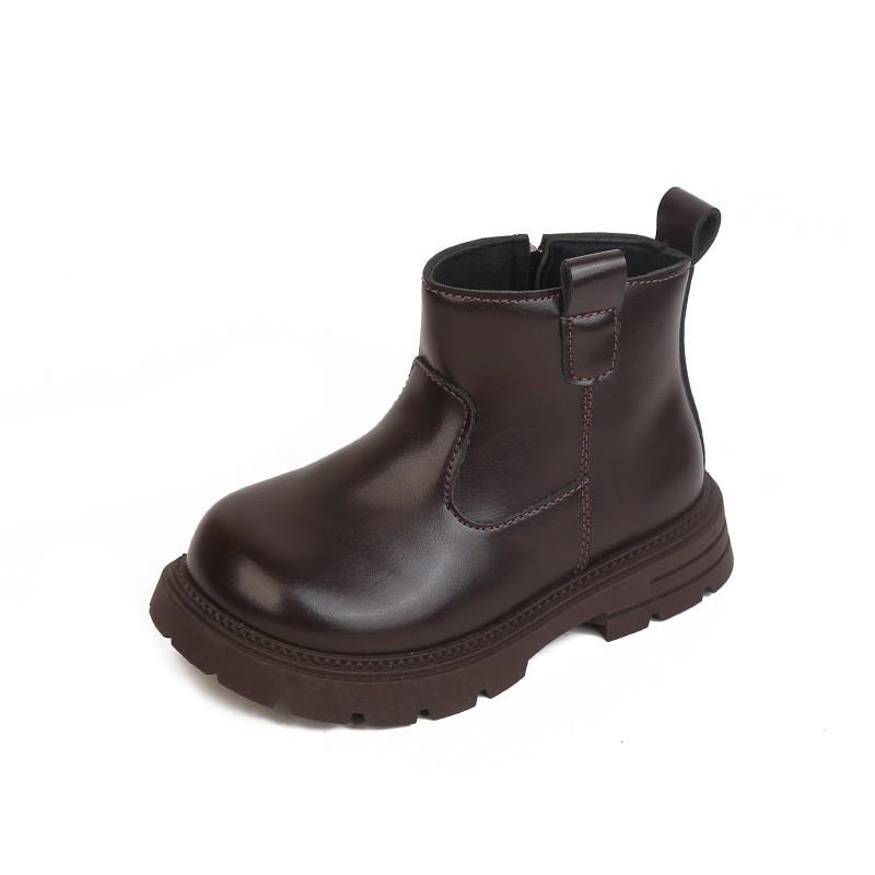 Youth style shoes Girls Fashionable Chunky Sole Ankle Boots Winter Kids Leather-Like Slip-On Shoes In Brown Black