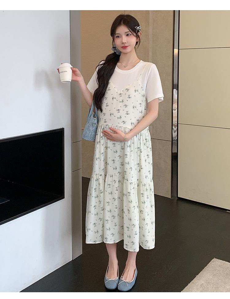 2026 Summer Korean Style Maternity Cotton & Chiffon Two-Piece T-shirt Dress