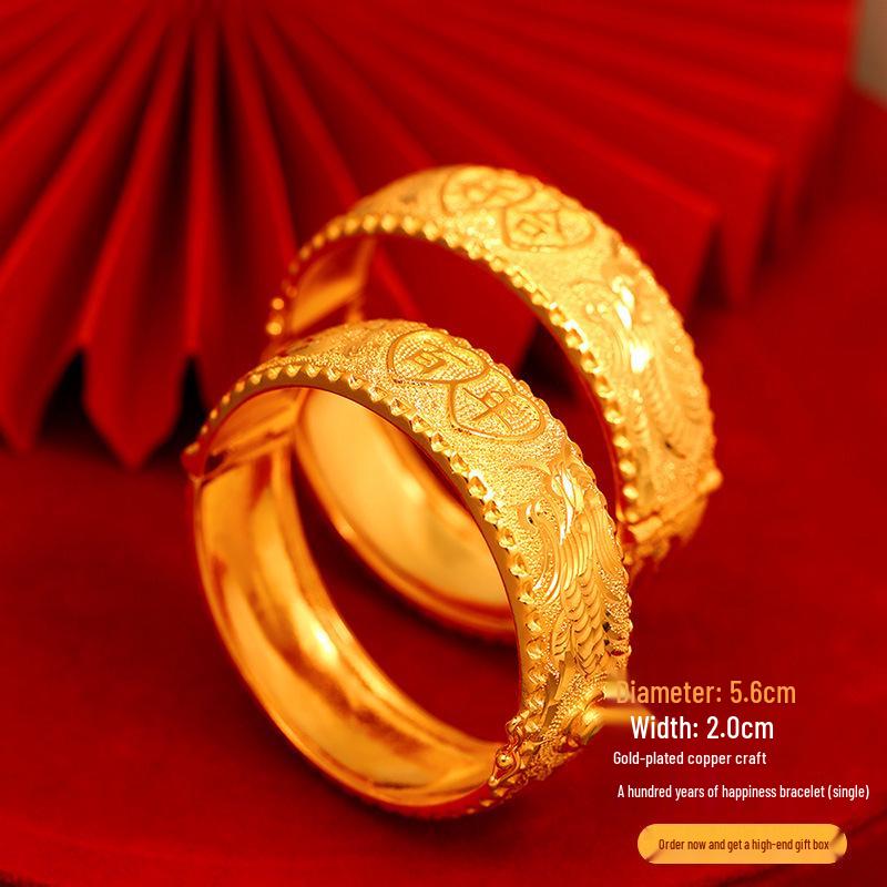 Chinese Dragon & Phoenix Retro Gold Bangle for Bride Xiuhe Dress