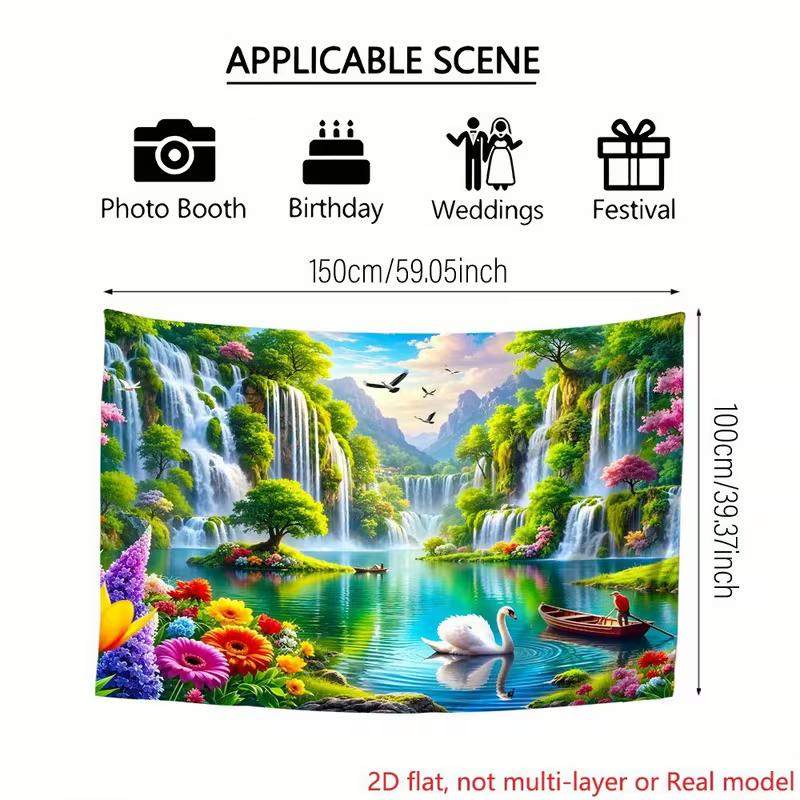 2D Fairy Lake Waterfall Backdrop Colorful Flowers Swan Tapestry for Festival Decoration
